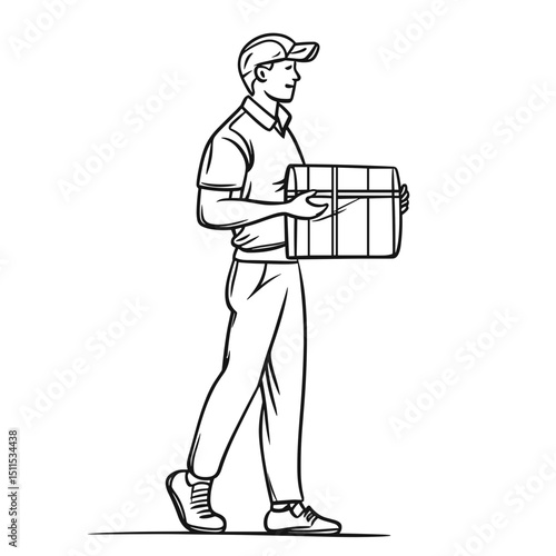 Courier delivering package while walking in minimalist line art style  