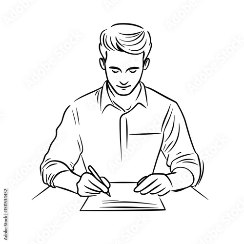 Young man writing on paper while sitting at a table  