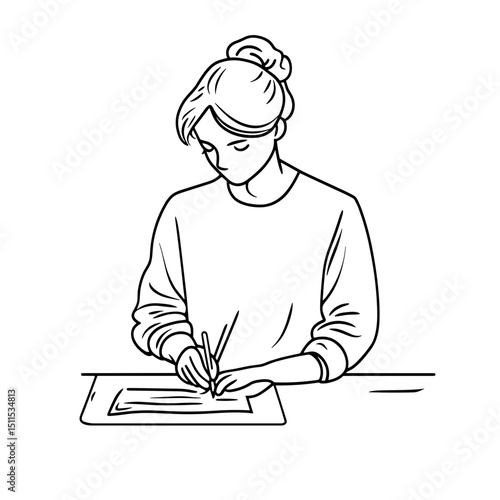 Young woman writing on paper while sitting at a table in a minimalist style  