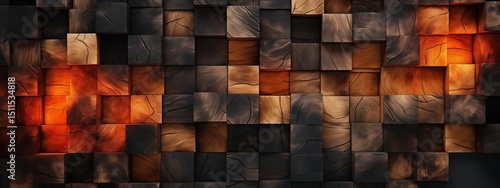 Wooden squares with burning edge effect and intense orange glow abstract background, Perfect for disruptive innovation and transformative concepts