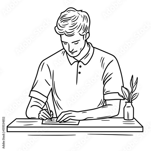 Young man writing on paper at a table with a plant nearby - Concept of travel  