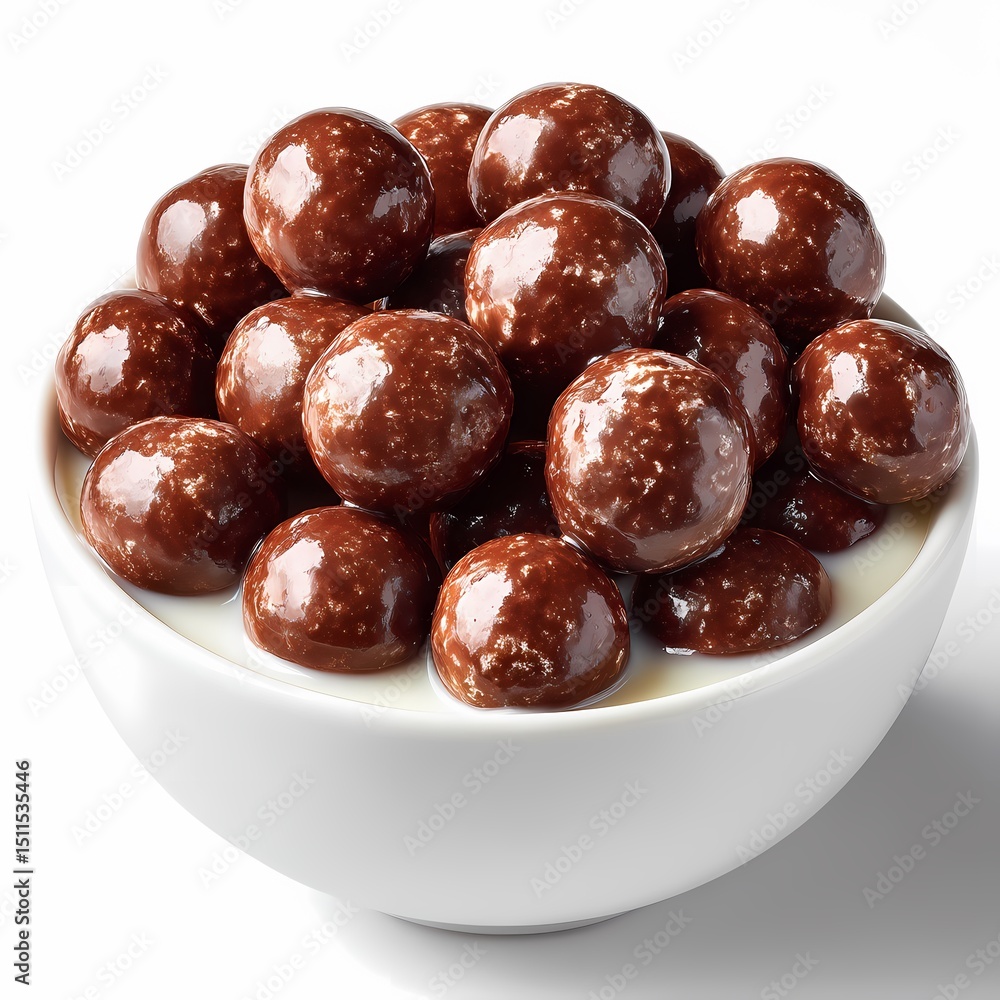 Chocolate Cereal Balls in Milk Delicious Breakfast Bowl Photo on white background Chocolate Cereal Balls in Milk Delicious Breakfast Bowl Photo on white background