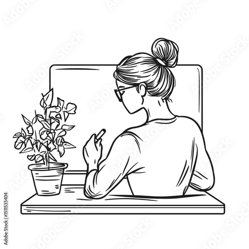 Woman writing while sitting at a desk with a laptop and plant  