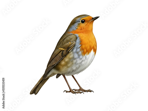 European Robin bird isolated on transparent png background, suitable for an encyclopedia or field guide, postcards and fabric patterns