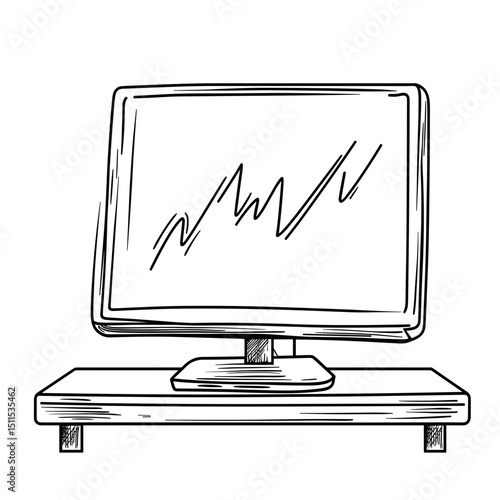 Sketch of computer monitor displaying fluctuating graph on desk  