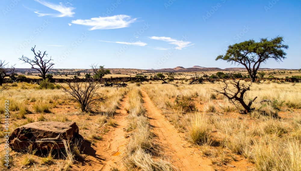 Naklejka premium Vast South African Veldt Landscape with Natural Elements and Curses