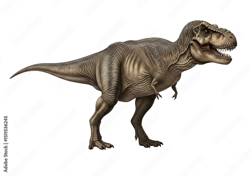 Obraz premium Tyrannosaurus rex dinosaur isolated on transparent png background, suitable for an encyclopedia or field guide, postcards and fabric patterns