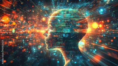 Futuristic Portrait of a Human Silhouette Surrounded by Data Streams