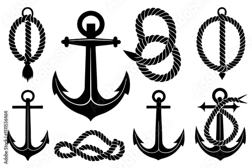 Detailed Nautical Anchor and Rope Vector – Black and White Engraved Maritime Silhouette Illustration