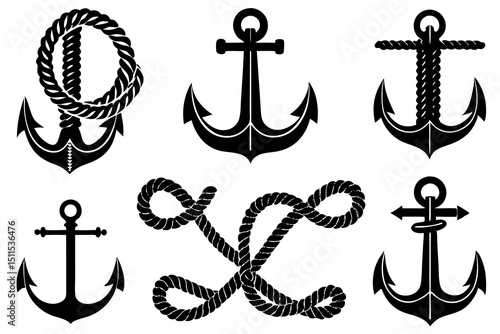 Detailed Nautical Anchor and Rope Vector – Black and White Engraved Maritime Silhouette Illustration
