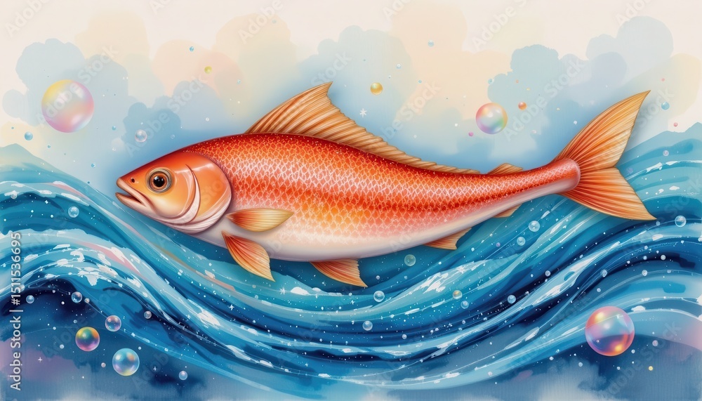 Fototapeta premium Colorful Fish Swimming in Blue Waves with Bubbles and Soft Clouds