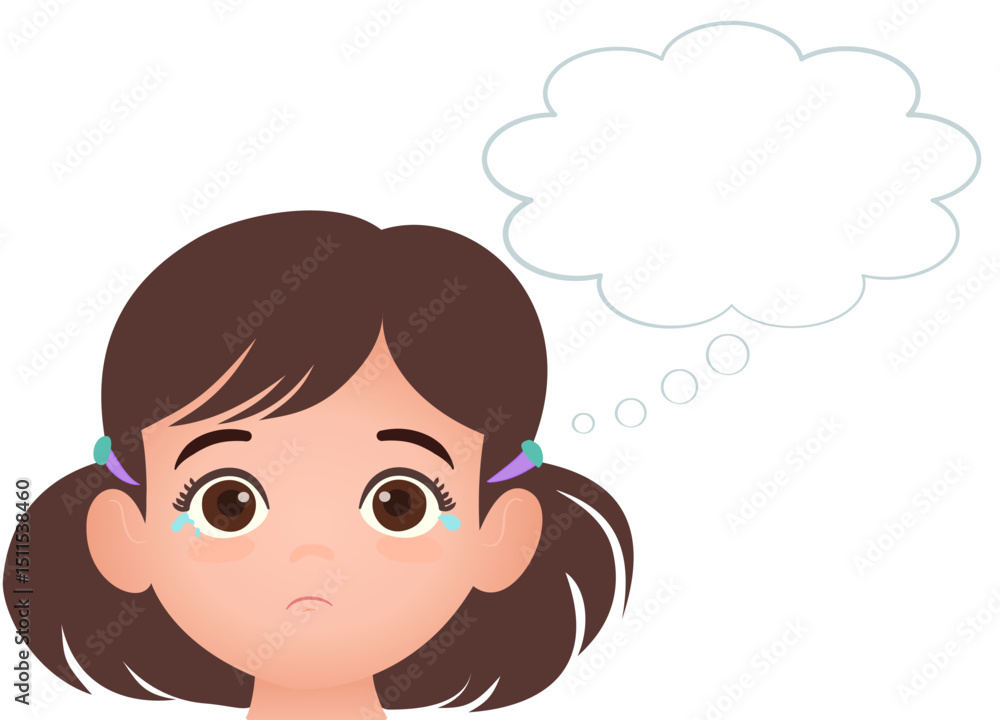 little girl sad and crying while thinking, speech bubble. little girl sad and crying while thinking, speech bubble.