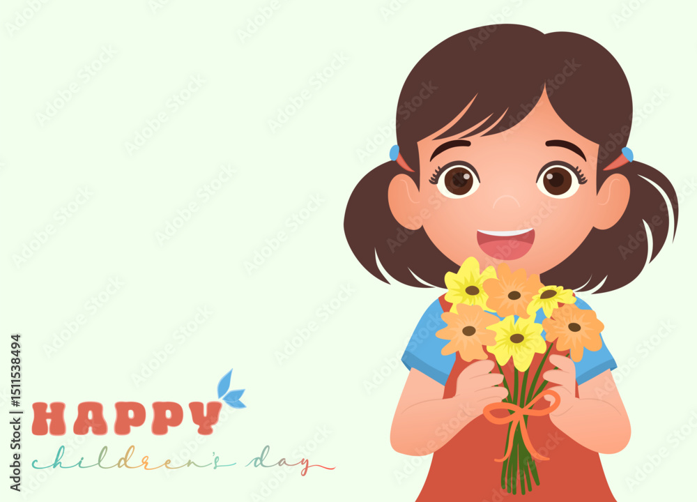 Obraz premium little child girl holding bunch a flower bouquet with the text happy children day