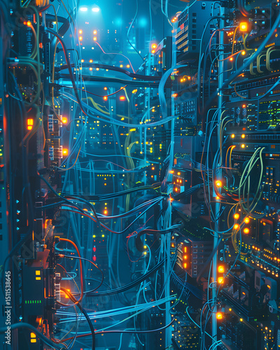 Data center infrastructure digital realm technology image neon glow wide view connectivity concept