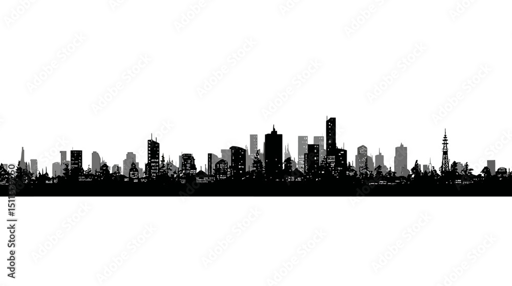 Obraz premium Town skyline outline simple black silhouette vector isolated on white background - 
