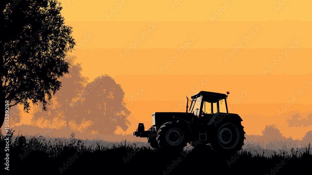 Fototapeta premium Tractor in field silhouette vector isolated on white background - 