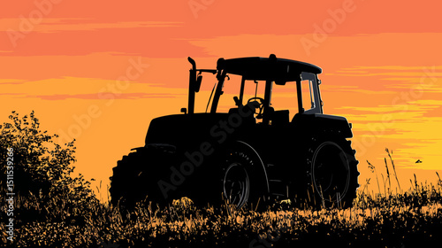 Tractor in field silhouette vector isolated on white background  -  