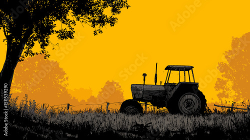 Tractor in field silhouette vector isolated on white background  -  