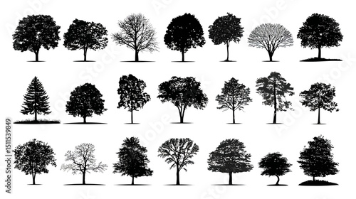 Tree varieties simple black silhouette vector isolated on white background  -  