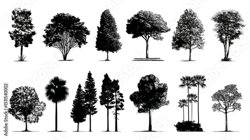 Tree varieties simple black silhouette vector isolated on white background  -  