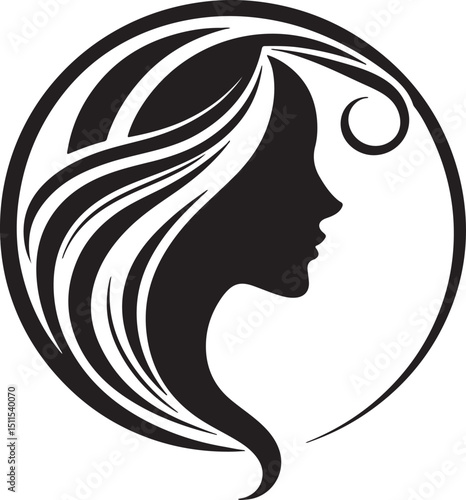 Elegant Woman Silhouette in Circle with Flowing Hair – Vector Icon Design

A stylish and elegant black silhouette of a woman with long flowing hair enclosed in a circular frame. This minimalist vector