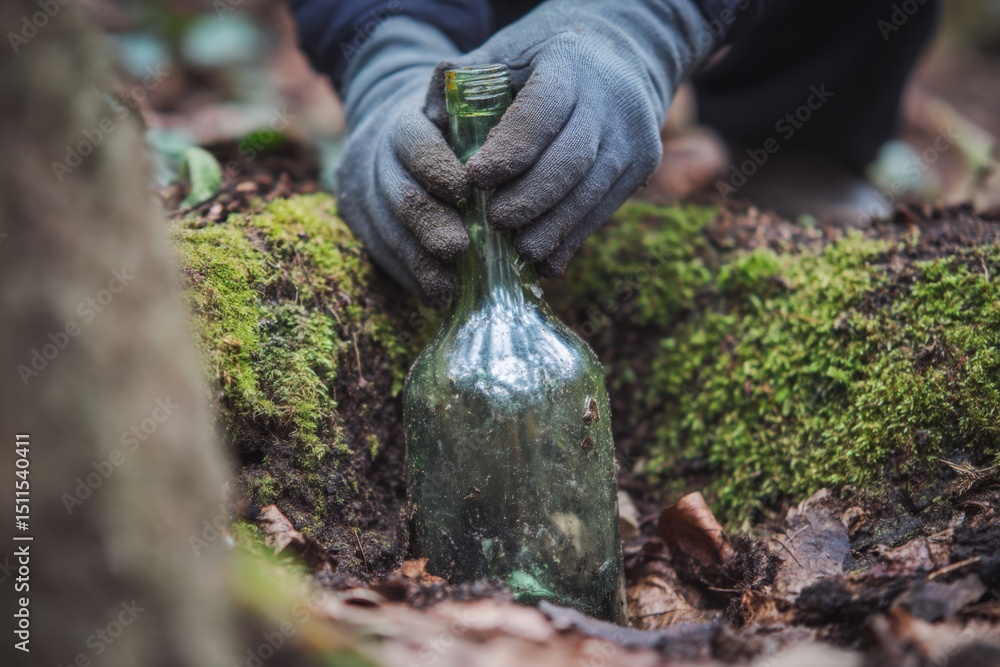 Fototapeta premium Gloved hands picking up glass bottle during Giving Tuesday cleanup