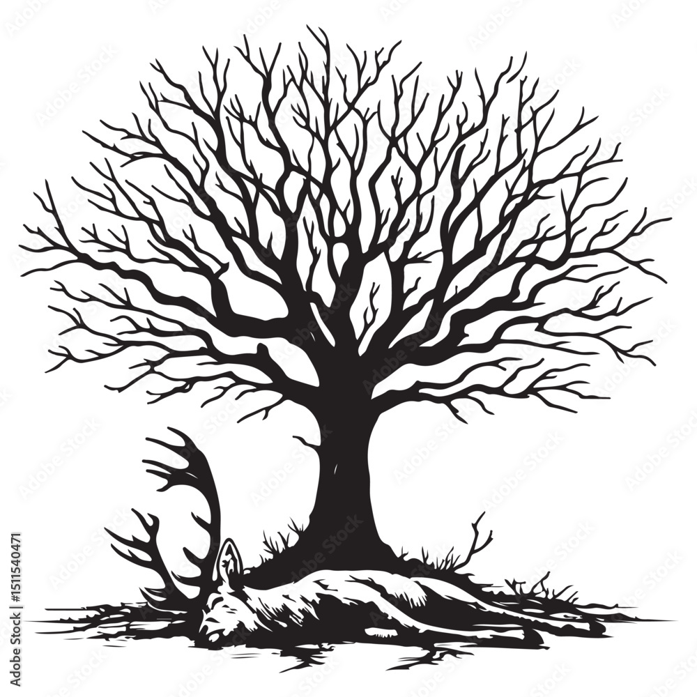 Obraz premium Dead deer under a dry tree illustration vector