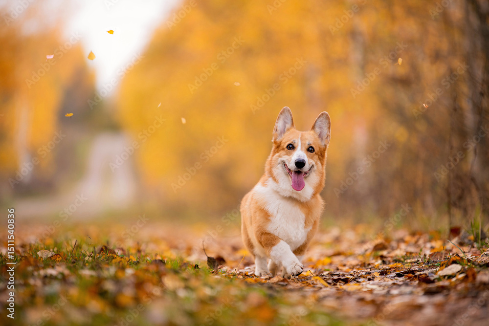 Happy corgi dog running in autumn park Happy corgi dog running in autumn park