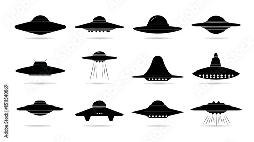 UFO collection simple black silhouette vector isolated on white background  -  