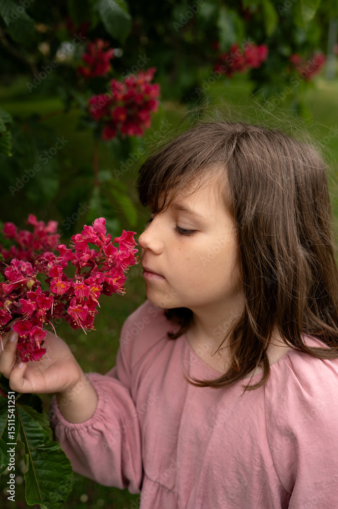 Fototapeta premium girl smelling red chestnut flowers on a tree.