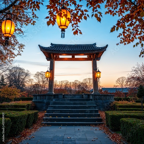 Garden podium surrounded by autumn leaves and decorative lanterns glowing softly, dusk setting in