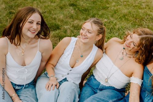 University students wearing white tops and denim jeans on grass