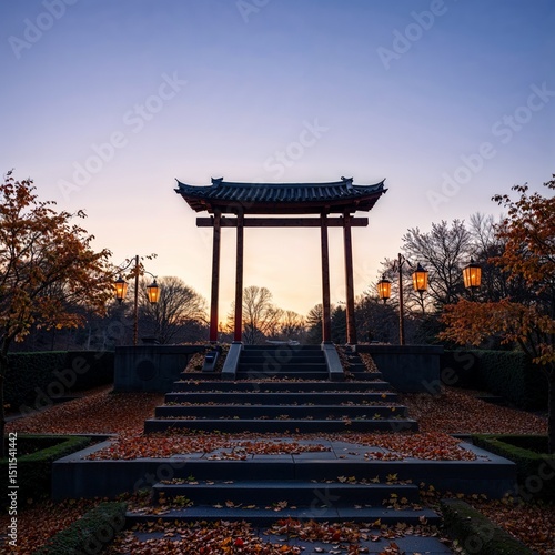 Garden podium surrounded by autumn leaves and decorative lanterns glowing softly, dusk setting in