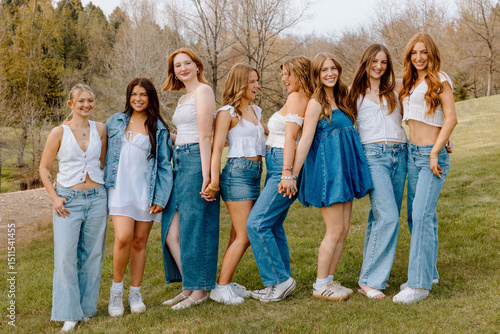 Generation z university students wearing denim and white outfits