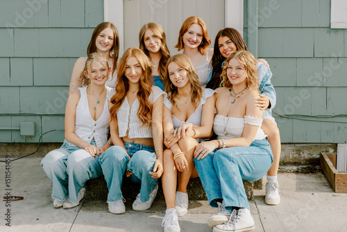 Group of gen z university students smiling together on campus