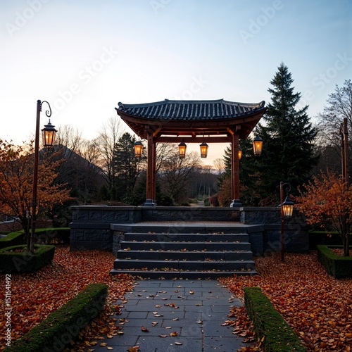 Garden podium surrounded by autumn leaves and decorative lanterns glowing softly, dusk setting in