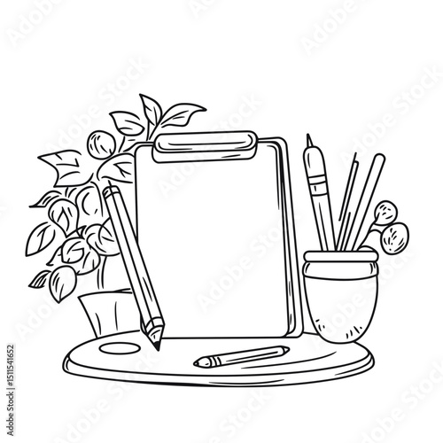 Line drawing of a clipboard and stationery on a desk at home  