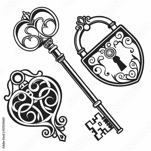 Ornate key padlock and heart lock vintage design