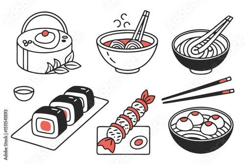 Japanese food icons sushi noodles and tea