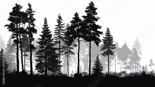 Vintage forest scene simple black silhouette vector isolated on white background  -  
