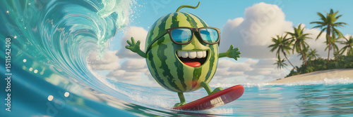 Cheerful 3D Cartoon Watermelon Surfer Riding Ocean Wave with Sunglasses and Yellow Surfboard

