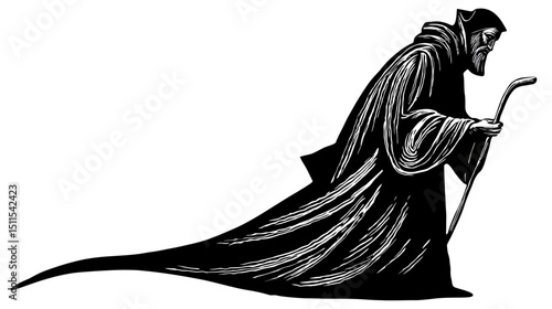 Vintage woodcut religious figure simple black silhouette vector isolated on white background  -  