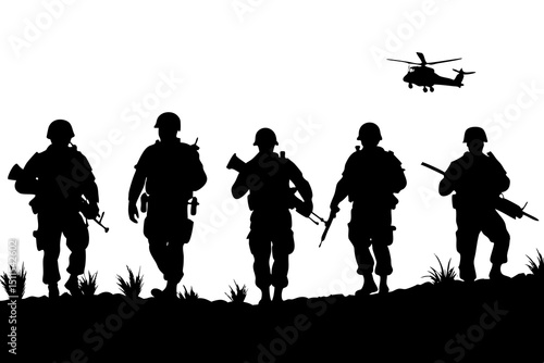 Gritty Realistic Soldiers in Tactical Gear with Rifles and Night Vision – High Contrast Action Scene with Helicopter Silhouette