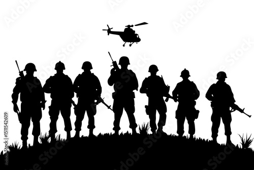 Gritty Realistic Soldiers in Tactical Gear with Rifles and Night Vision – High Contrast Action Scene with Helicopter Silhouette