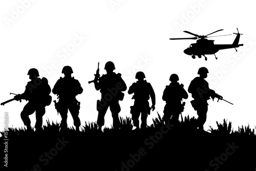 Gritty Realistic Soldiers in Tactical Gear with Rifles and Night Vision – High Contrast Action Scene with Helicopter Silhouette
