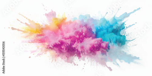 A Powerful and Vibrant Multicolor Powder Explosion, Forming a Magnificent Cloud of Bright, Radiant Colors and Dust That Fills the White Background in a Captivating Display of Dynamic Motion.
