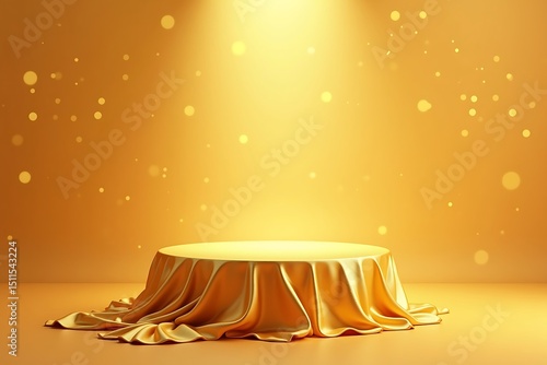 Elegant golden podium with silk fabric and spotlight for product display