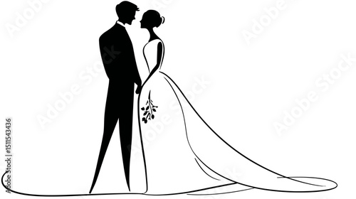 Wedding couple line art simple black silhouette vector isolated on white background  -  