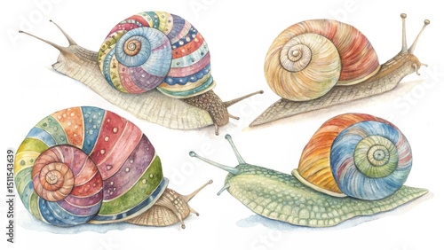 Four Watercolor Snails Rain...