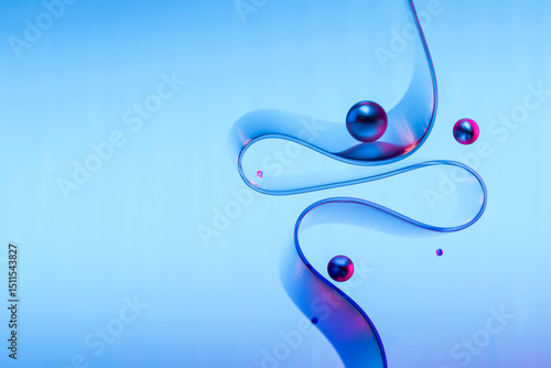 Abstract 3D design with glass ribbon and spheres on a neon background